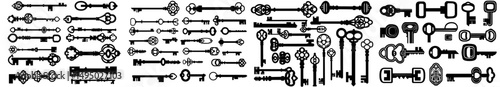 Modern keys are depicted as black silhouettes in a set, accompanied by metal monogram lock, release rod, retro lace, and vintage fixture icons, all isolated on a white background