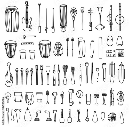 Music instruments icons are showcased in a modern silhouette illustration collection