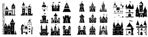 Collection of medieval castle towers featuring magic fantasy fortresses and isolated turrets with ramparts and windows, resembling chess towers in a modern illustration