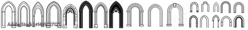 Modern architectural line drawing featuring art deco arch window and door frames, entrance doorways, and gateway, blended with ancient classic architecture