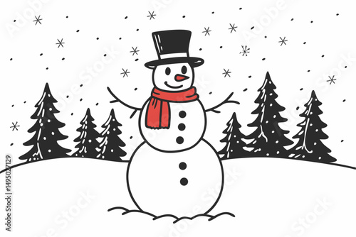 Snowman wearing scarf and top hat in snowfall vector illustration