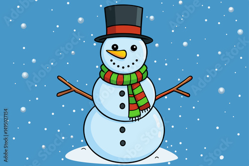 vector snowman with scarf and top hat in snowfall vector illustration