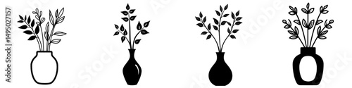 Modern graphic hand drawn illustration features plants in a vase, with a pot and leaves on a branch depicted in black and white line
