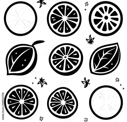 The illustration is a modern style orange icon set presented in silhouette with a white background