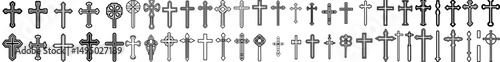 A modern thin line icon set featuring the Christian cross, Jesus Christ in outline style, and other religious symbols for Easter and Christening, representing the Holy Spirit and faith