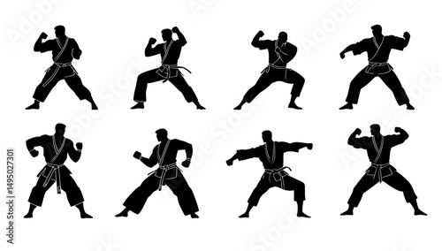 Black and white silhouettes of numerous martial art positions and poses