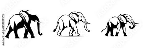 A simple black silhouette of an elephant on a white background is depicted
