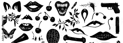 A modern illustration featuring a cat, snake, flower, cherry, pistol, hands, and eyes is presented in a halftone dotwork design, blended with hazardous retro elements