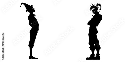 A clown, joker, and joker face are shown in silhouette form