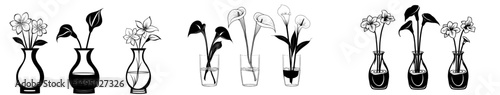Modern illustration of clay vases with long stems in black and white, presented in isolation, complemented by ink silhouettes and line art of vases and floral arrangements, all hand-drawn in line
