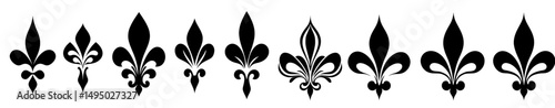 Collection of Fleur de Lys symbols or Fleur de Lis modern icon ornament Silhouettes, representing the Flower Lily Royal Medieval Heraldic french symbol through Classic emblems illustration in Stock