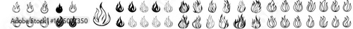A set of fire flame icons is available, featuring flames, flame symbols, and fire silhouettes in various colors including red, orange, and black, with a modern line style