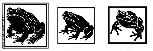 A modern black and white silhouette of a toad is comparable to a frog silhouette