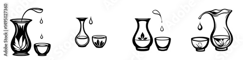 A modern black and white illustration of a clay vase with long stems is depicted in isolation, featuring ink silhouettes of the vase and floral elements in line art, along with a hand-drawn bowl line