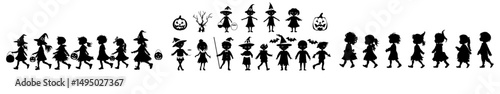 A collection of Halloween silhouette illustrations set against a white backdrop, evoking the spirit of a Happy Trick or Treat Halloween party
