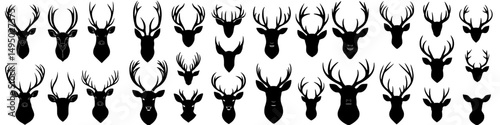 Collection of nine deer silhouette icons in black and white featuring varied antler designs