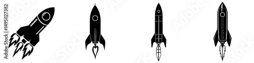 Modern illustration of a black rocket icon featuring a simple design in isolation