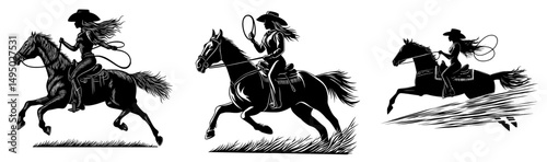Modern illustration featuring the silhouette of a cowgirl on horseback that can be edited