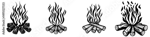 A minimalist illustration of a campfire, rendered in black and white and styled like a tattoo