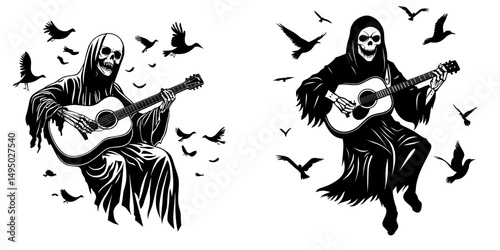 A spooky skeleton in a tattered hooded robe is depicted playing guitar in a vintage woodcut engraved modern illustration