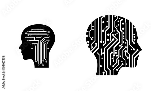 A human head silhouette with a computer chip in place of the brain is illustrated in this simple modern image, symbolizing stock