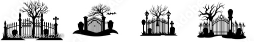 A spooky Halloween scene features a creepy cemetery fence with haunted gates in a modern flat illustration