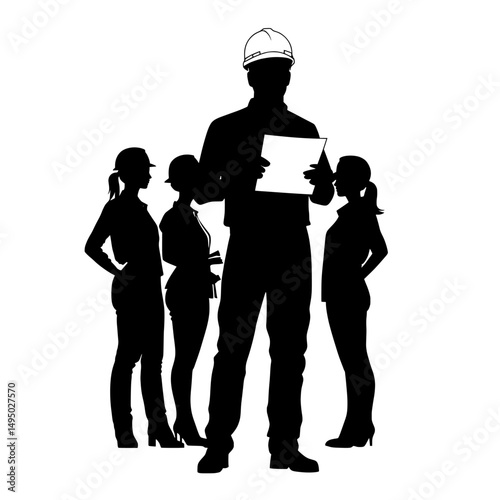 Modern engineers clipart, comprising symbols, logos, and icons, is presented on a transparent background, paired with the silhouette of a civil engineering team