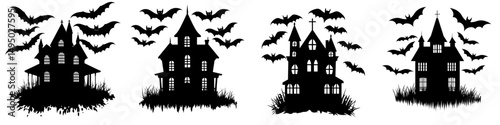 A modern illustration of a Halloween haunted house, depicted as a black silhouette on a white background