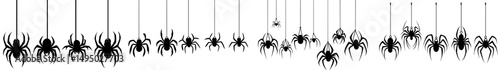Halloween spiders are depicted on a web isolated on a transparent background, showcasing modern spooky black spiders in silhouette, and can be used as a spider garland for wall hanging or as a spider