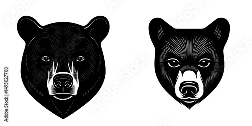 A modern artistic representation of a grizzly bear in a growling pose, depicted in minimalist black and white strokes with a transparent isolated background