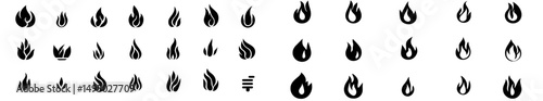Isolated fire symbols are presented as a flat icon set against a white background, accompanied by a blaze silhouette element