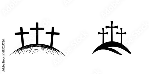 Modern illustration depicting the silhouette of three crosses on a hill, a symbol of a Christian holiday