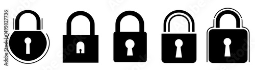 The icon set features a black isolated lock and unlock symbol on a white background, with silhouettes of padlocks in both locked and unlocked states, presented in a flat design style across 10 eps