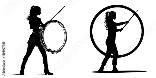 A marching band drummer playing a bass drum is depicted in modern silhouette form