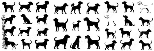 A modern assortment of dog silhouettes in a versatile format, perfect for logos, prints, and design projects featuring diverse canine breeds in minimalist and elegant black and white outlines