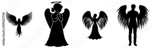 The angel silhouette has a modern design, it is also available as an isolated simple angel silhouette icon in svg format, and is often used as a Christmas angel silhouette