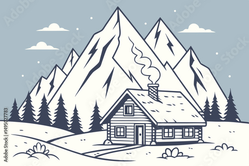 snow covered mountain with winter cabins flat vector illustration