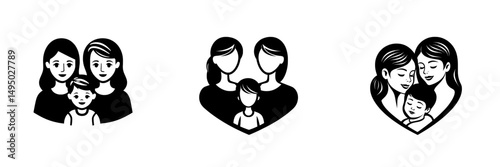 A modern and high-quality graphic illustration of a lesbian family with two moms, depicted in black symbol and isolated for clarity