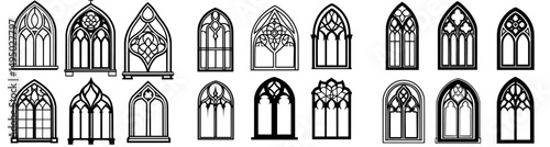 Gothic cathedral windows adorned with stained glass and arched windows of antique temples or churches are combined with medieval gothic church or castle glass windows and arches in modern