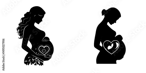 A woman's elegant outline representing calm and joyful motherhood, adorned with a heart symbol on her abdomen, is well-suited for design concepts related to maternity, life, and love, particularly
