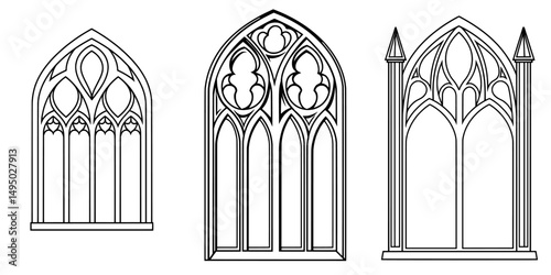 Modern black and white illustration of a Gothic style stained glass window featuring an intricate rose pattern and pointed arch, isolated on a white background for design and print purposes