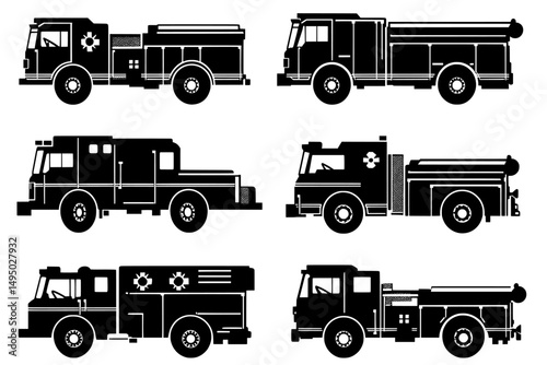 Fire trucks have modern silhouettes in various black illustrations and collections
