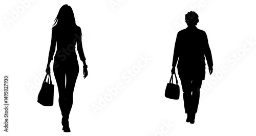 On a white background, the silhouette of a middle-aged woman is shown, along with the silhouette of a woman walking with a bag