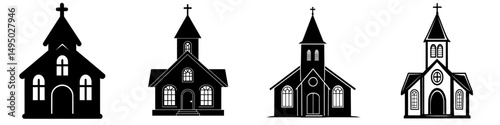 A basic church building icon is depicted in black and white with a cross at the top