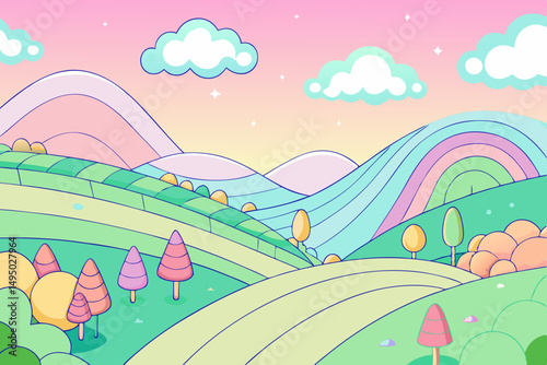 Dreamlike landscape of rolling pastel colored hills vector illustration