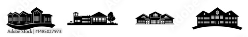 The silhouette of a modern school building represents a contemporary university icon and symbol, as well as a schoolhouse silhouette