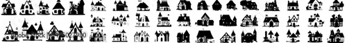 A set of cartoon medieval houses featuring old village huts with thatched roofs and peasant household buildings along with farm shelters in a modern illustration style