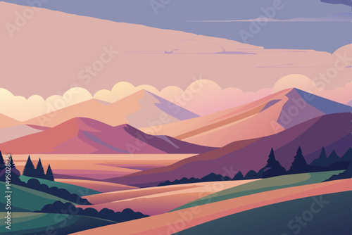 dreamlike landscape of rolling pastel hills vector illustration