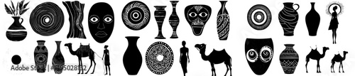Create doodles that incorporate African ethnic elements, including animal silhouettes and dotted linear ornaments, as part of a decorative tribal hand-drawn borders and dividers collection with a