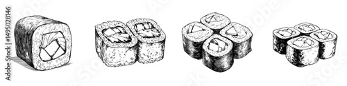 A modern sushi roll is depicted in a watercolor illustration set against a white background